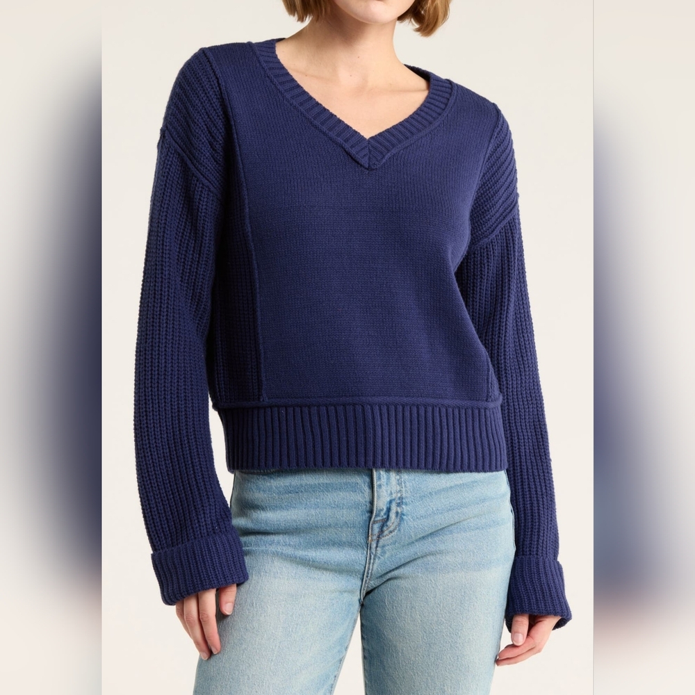 NWT LUCKY BRAND NAVY BLUE LONG SLEEVE V-NECK RIBBED COTTON SWEATER L $90